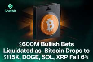 3D Bitcoin icon in packaging with text about $600M bullish bets being liquidated and major crypto prices falling